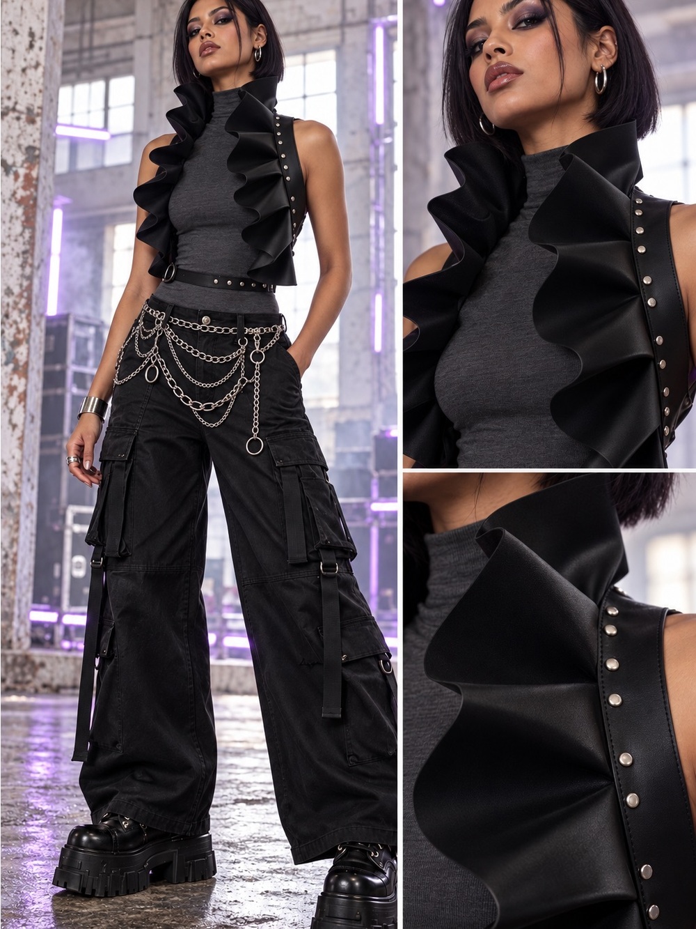 Black Ruffled Leather Harness Belt with Silver Studs